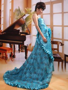 Blue Strapless Taffeta Prom Gown Dress for Custom Made with Court Train on Sale