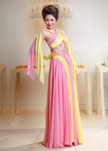 Unique Baby Pink and Yellow Chiffon Cross Neck Prom Dresses for Custom Made