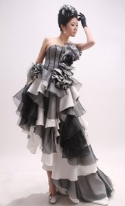 Pretty High-low Prom Dress with Hand Made Flowers and Ruffled Layers for Cheap