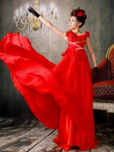 Red Prom Evening Dress with with Appliques and Hand Made Flowers