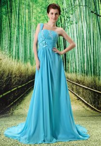 Aqua Blue One Shoulder Prom Dresses Beaded in Formal Evening with Appliques