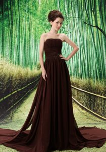 Beading Decorated Empire Brown Chiffon Strapless Prom Dress for Custom Made
