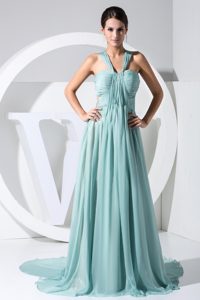 Ready to Wear Ruched V-neck Prom Gown Dress with Watteau Train on Promotion