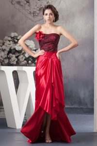 Red High-Low Prom Graduation Dress with Hand Made Flower and Lace on Sale