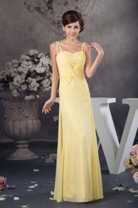 Beaded and Ruched Light Yellow Prom Dresses with Spaghetti Straps for Cheap