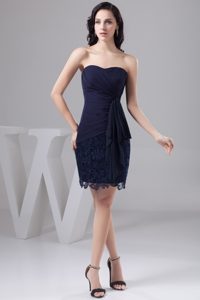 Navy Blue Bowknot Decorated Prom Gown Dresses in Chiffon and Lace for Girls
