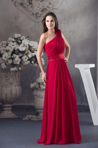 One Shoulder Ruched Prom Formal Dress in Red with Hand Made Flowers on Sale
