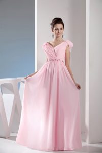 Beautiful Empire Light Pink V-neck Beaded and Ruched Long Prom Dresses 2014