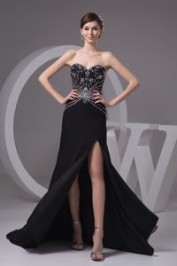 New Beading and High Slit Decorated Black Prom Gown Dress with