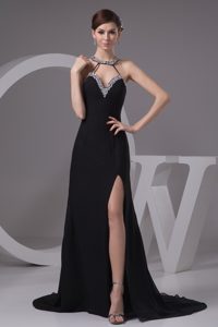 Halter Top Prom Gown Dress with Silt on the Side and Sweep Train on Promotion