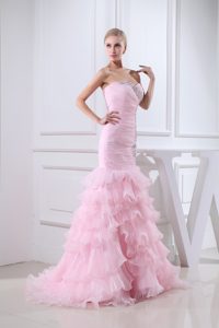 Pink Sweetheart Beaded Prom Dress with Ruffled Layers and on Sale