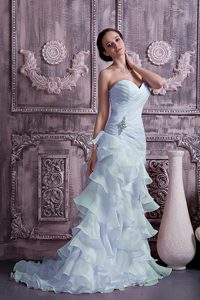 Light Blue Column Sweetheart Ruched and Beaded Prom Dress with
