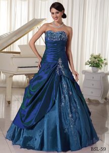 Blue Sweetheart Quinceanera Gowns with Appliques in Taffeta and Organza