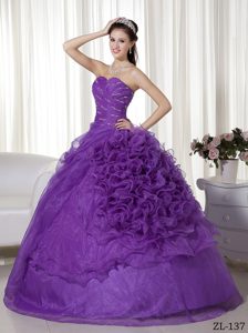 New Purple Sweetheart Organza Quinceanera Dresses with Rolling Flowers
