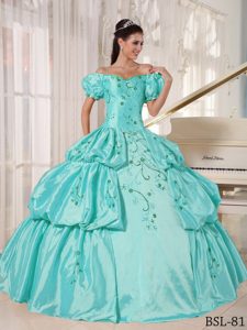 Latest Off The Shoulder Quinces Dresses with Short Sleeves in Aqua Blue