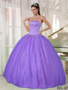 Informal Purple Strapless Quinces Dress in Taffeta and Tulle with Appliques