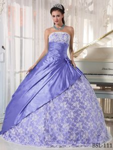 Lilac Flattering Strapless Long Quinces Dresses in Taffeta with Lace
