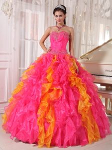 Flirty Sweetheart Organza Sequins Quinces Dresses in Hot Pink and Orange