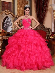 Popular Coral Red Sweetheart Beading Dress for Quinceaneras in Organza