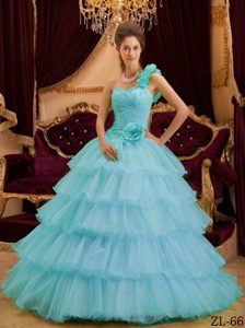 Simple Blue One Shoulder Ruffled Quinceanera Dress to Long