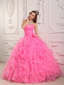 Fabulous Sweetheart Long Organza Quinceanera Gown in Rose Pink