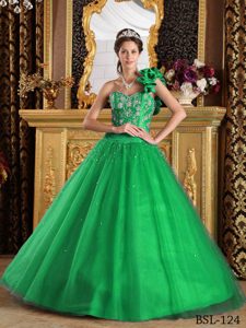 Green Modern One Shoulder Tulle Beading Lace-up Quince Dress