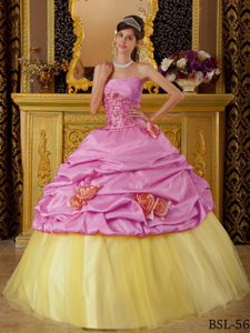 Exquisite Hot Pink and Yellow Strapless Quinces Dress in Taffeta and Tulle