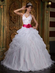 Romantic White Halter Quinceanera Dresses Gowns with Red Sash