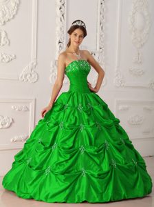 Green Quinceanera Gown in Taffeta with Appliques and Pick-ups