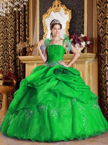 Important Green Organza Appliqued Quinces Dresses with Spaghetti Straps
