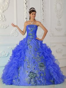 Essential Strapless Quinces Dresses with Embroidery in Blue to Floor-length
