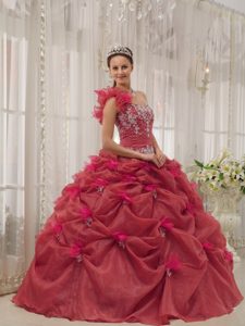 Trendy Red One Shoulder Quinceanera Dresses in Organza with Appliques