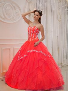 Hot Red Ball Gown Sweetheart Organza Dress for Quinces with Appliques