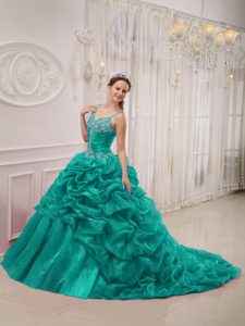 In Style Turquoise Court Train Sweet Sixteen Dresses with Spaghetti Straps