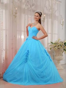 Dashing Blue Sweetheart Flowers Quinceaneras Dress in Tulle with Beading