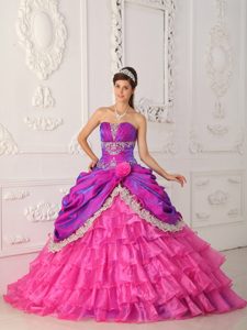 Svelte Hot Pink Strapless Lace Quinceanera Gowns in Organza and Taffeta