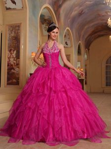 Hot Pink Urbane Halter Top Quinces Dresses in Organza with Embroidery