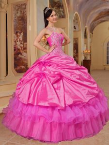 Hot Pink Up-to-date One Shoulder Long Taffeta Quinceanera Dress