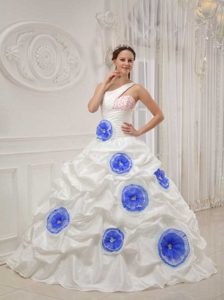 Luxury and Grace White One Shoulder Dress for Quince with Blue Flowers