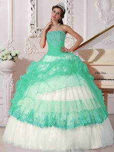Dressy Apple Green and White Quinceaneras Dress in Taffeta and Organza