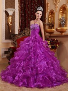 Best Purple Organza Beading Quinceanera Dress Gown with Ruffled Layers
