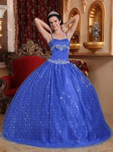 Qualified Sequined Dresses for a Quinceanera with Spaghetti Straps in Blue