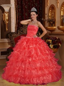 Ornate Coral Red Strapless Organza Beading Quinceaneras Dress to Floor