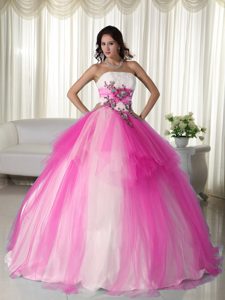 Floating Hot Pink Quinceanera Gown Dress in Tulle with Beading