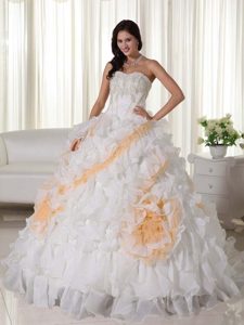 Sweetheart Court Train Organza Appliqued Quinceaneras Dresses in White