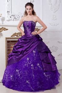 Purple Modest Strapless Taffeta and Organza Embroidery Quinces Dresses