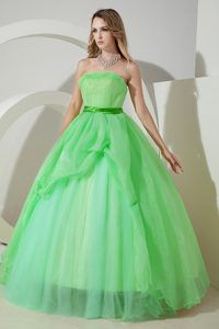 Newest Apple Green Strapless Organza Beading Quinceanera Dress