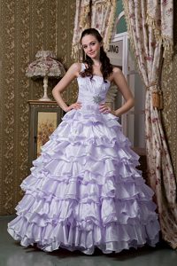 Affordable Lilac One Shoulder Quinceaneras Dress in Elastic Woven Satin