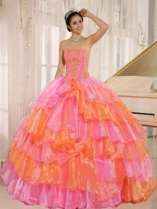 Rose Pink and Orange Quince Dresses with Ruffled Layers and Appliques