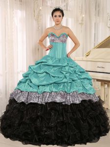 Nice Turquoise and Black Sweetheart Quinceanera Gowns with Ruffles